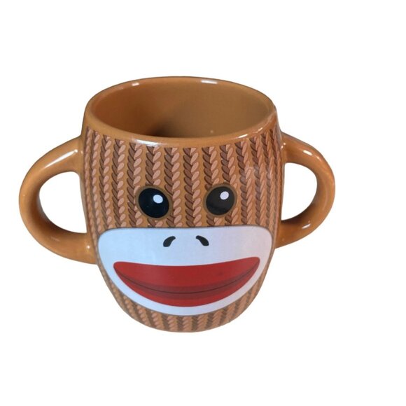 Galerie Sock Monkey Two-Handle Ceramic Mug – Brown Red Knit Pattern Cup - Picture 2 of 3